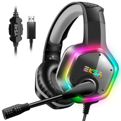 EKSA E1000 USB Gaming Headset for PC, PS4 & PS5, 7.1 Surround Sound Gaming Headset with Noise Cancelling Microphone, RGB Wired Gaming Headphones