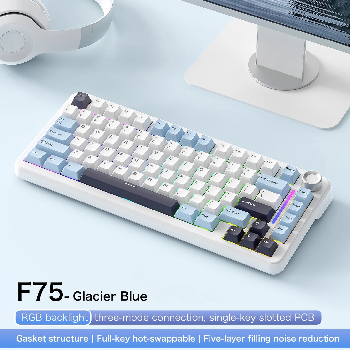 Teclado mecânico F75 FREEWOLF * AULA F75 Bluetooth de três modos, dedicado a gaming e utilização em escritório