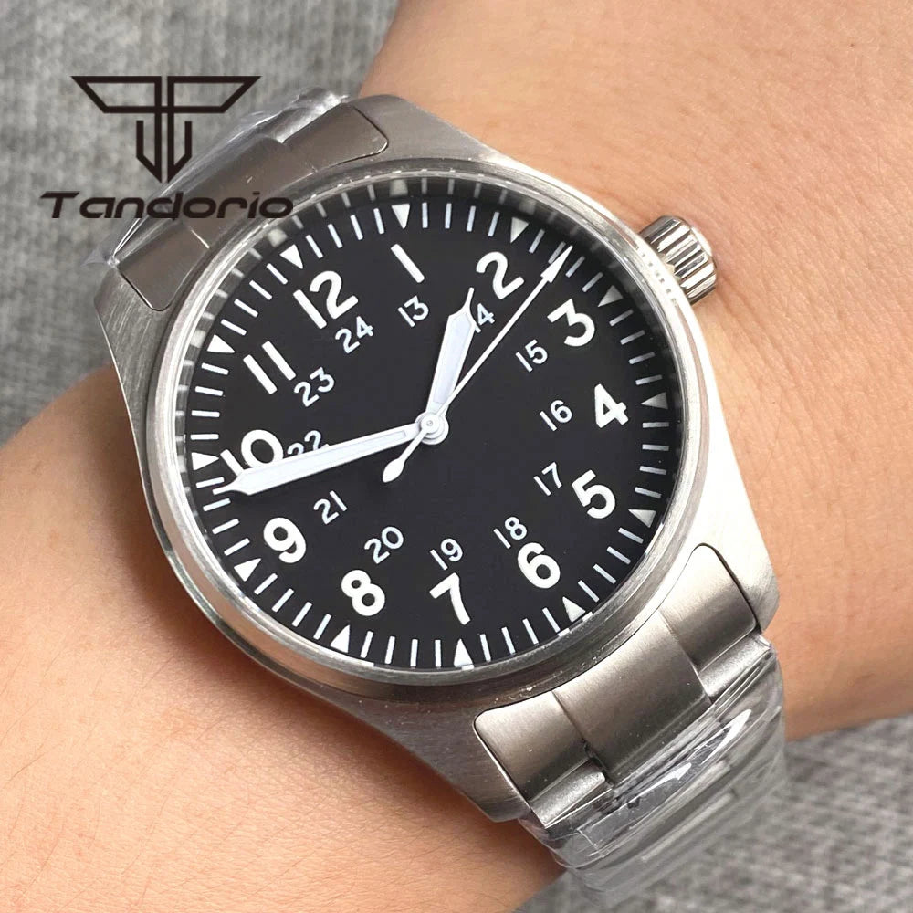 Tandorio 39 mm – męski zegarek automatyczny typu pilot nurkowy, mechanizm NH35/PT5000/Miyota8215, szafirowe szkło AR, wodoodporność 20 barów, świecące wskaźniki