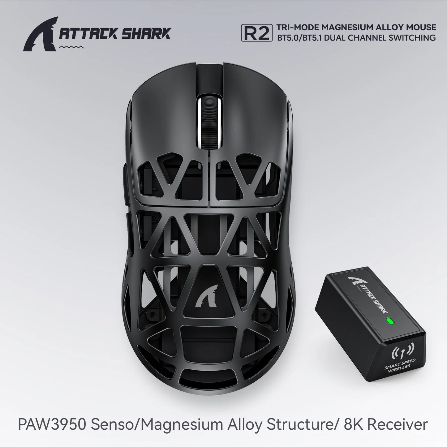 Attack Shark R2 bežični gaming miš PAW3950 8K od magnezijeve legure, lagani gaming miš s Bluetooth tri-mode povezivanjem za gaming/ured