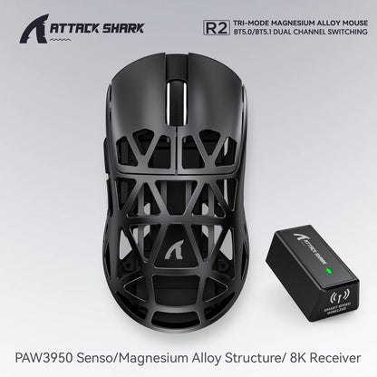 Attack Shark R2 bežični gaming miš PAW3950 8K od magnezijeve legure, lagani gaming miš s Bluetooth tri-mode povezivanjem za gaming/ured