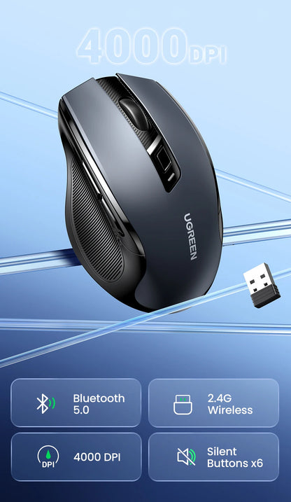 UGREEN Wireless Mouse Bluetooth 5.0 Mouse Ergonomic 4000DPI 6 Mute Buttons Mouse For MacBook Tablet Laptops Computer PC 2.4G Mice