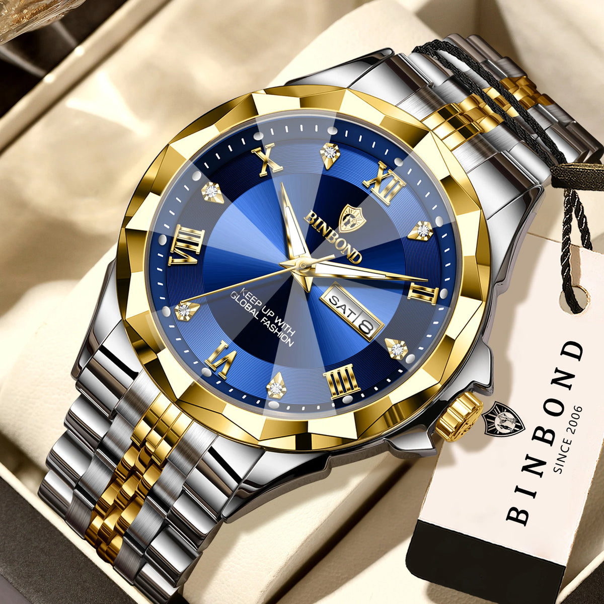 Orologio al quarzo da uomo BINBOND – Orologio da polso di lusso, luminescente e impermeabile, con indicazione del giorno della settimana e data automatica.