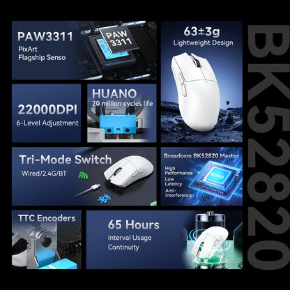Rato Gaming Sem Fios ATTACK SHARK X11SE, Tri-Mode, Superleve de 63g com Sensor PAW3311, 22000 DPI, Bateria de 300mAh, Duplo Driver
