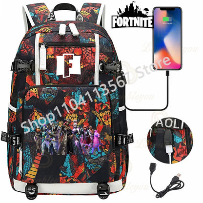 Red Jade F-Fortnited Battle Royale Backpack with USB Charging Anime Figures Study Stationery Compartment for Students Mochila