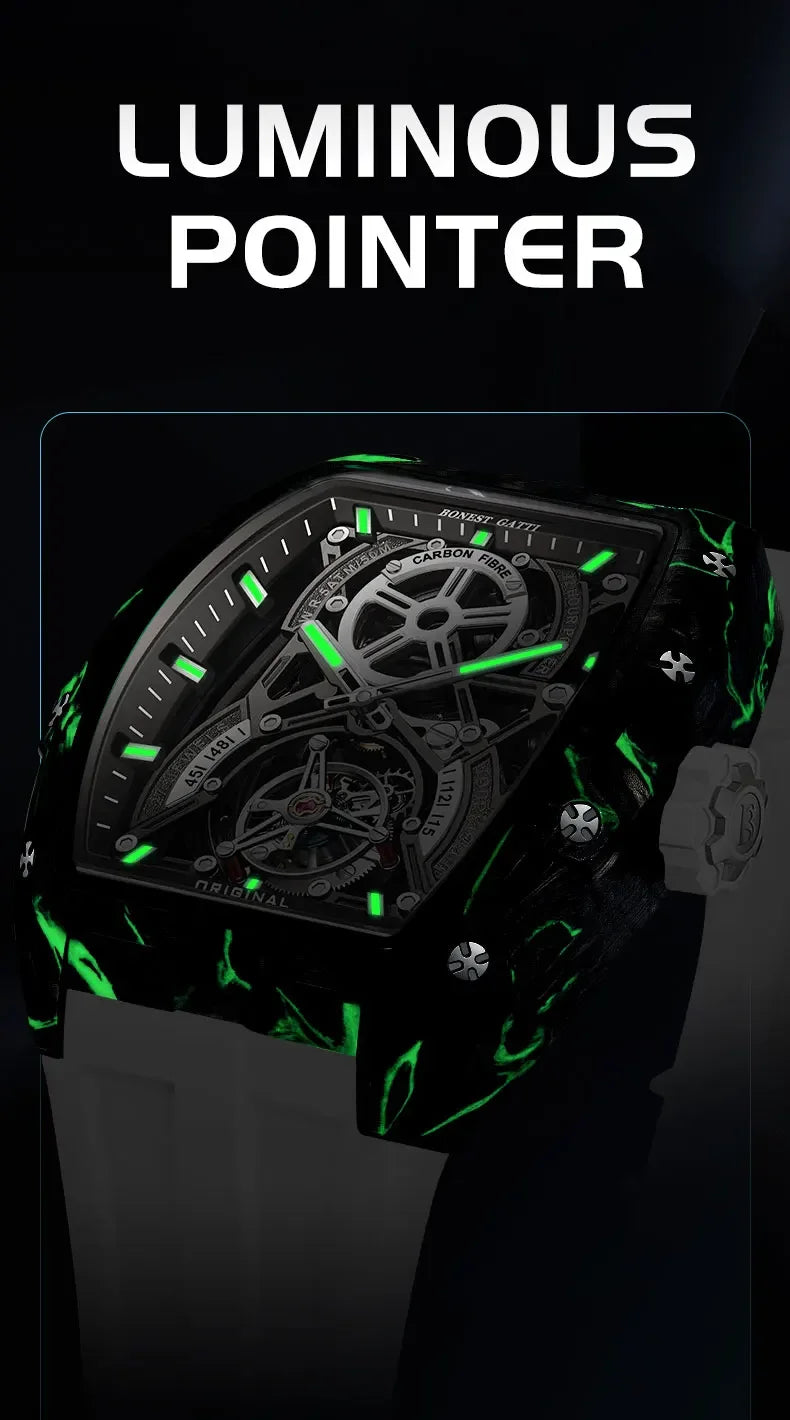 BONEST GATTI Men Automatic Mechanical Watch Skeleton Dial Sapphire Crystal Fluororubber Strap Waterproof Luminous Business watch