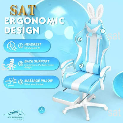 Kawaii Light Blue Gaming Chair with Bunny Ears, Ergonomic Cute Gamer Chair with Footrest, Massage Function, Reclining Racing Style Computer Chair