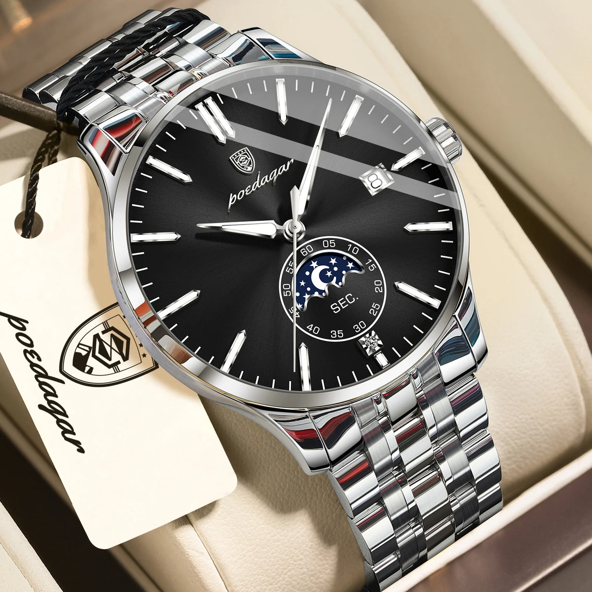 Reloj de lujo para hombre POEDAGAR, estilo informal, de acero inoxidable, de cuarzo, resistente al agua, luminiscente, con fecha, elegante.