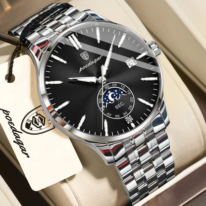 Reloj de lujo para hombre POEDAGAR, estilo informal, de acero inoxidable, de cuarzo, resistente al agua, luminiscente, con fecha, elegante.