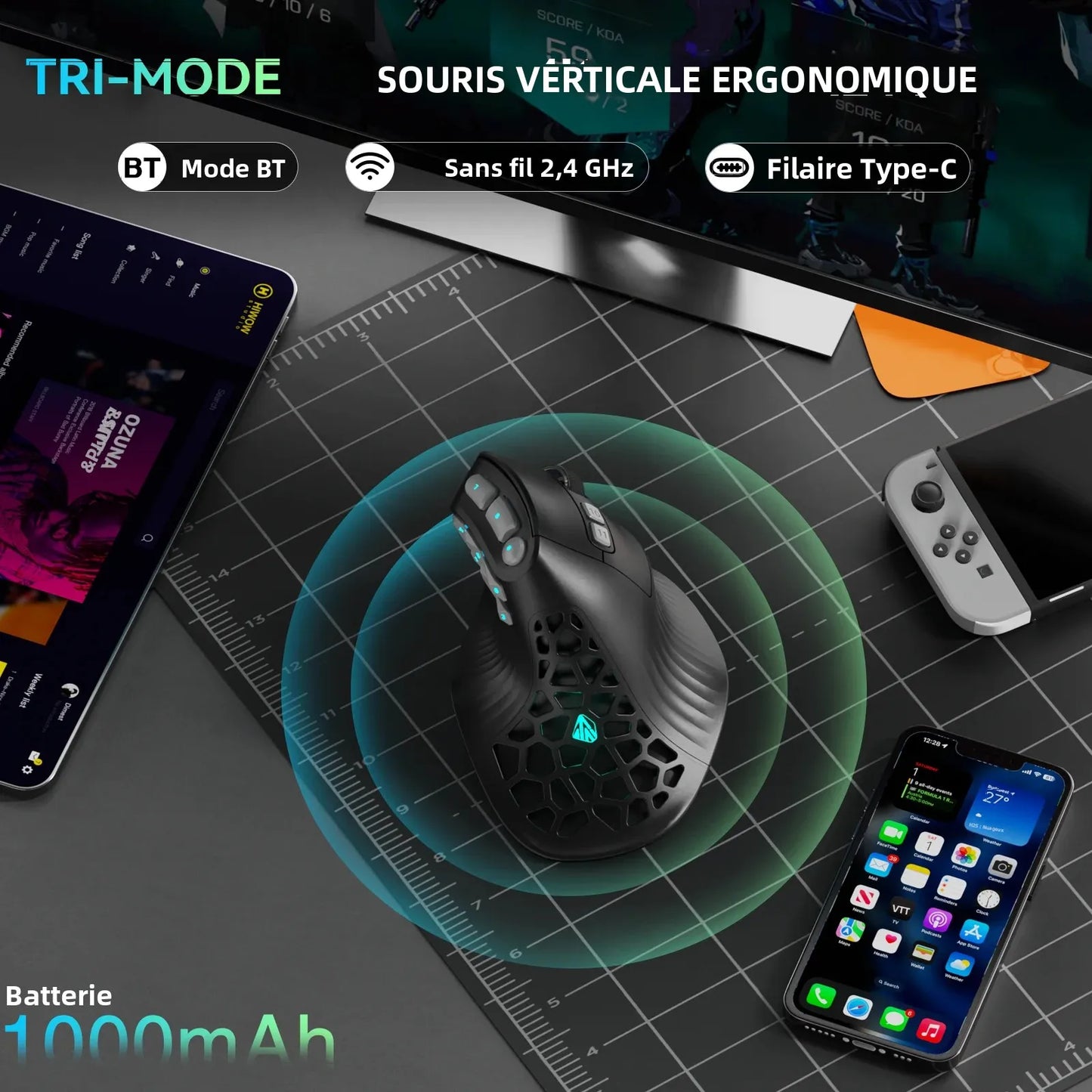 SOLAKAKA E9 Pro MMO Vertical Mouse PAW3395 Sensor 1000mAh Battery 45° Vertical Grip Ergonomic Mouse 8K Gaming Mouse