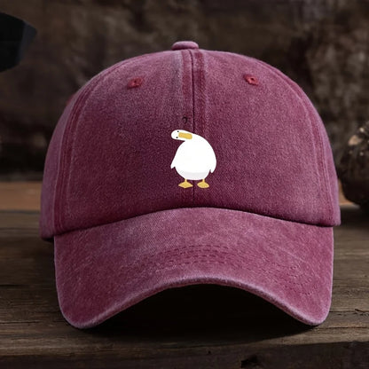 Cute duck print baseball cap with adjustable snap button, breathable fabric, outdoor casual headpiece