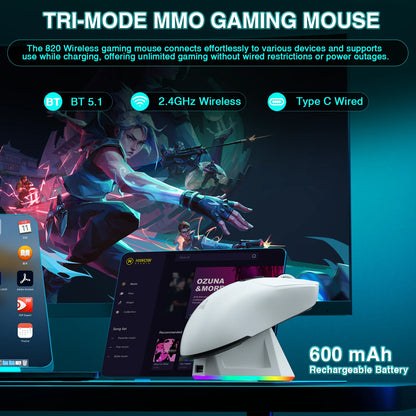 Mouse gaming wireless SOLAKAKA SM820 tri-mode, dock magnetic reîncărcabil, RGB, PAW3311, 24000DPI, macro, ultra-ușor