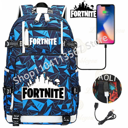 Red Jade F-Fortnited Battle Royale Backpack with USB Charging Anime Figures Study Stationery Compartment for Students Mochila