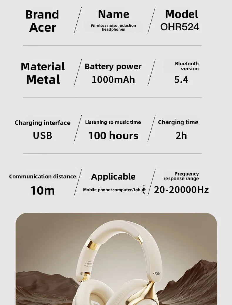 Acer ANC Wireless Bluetooth Headphones 360° Surround Sound Headsets Gamer Sports Earphones Noise Reduction with HD Mic OHR524