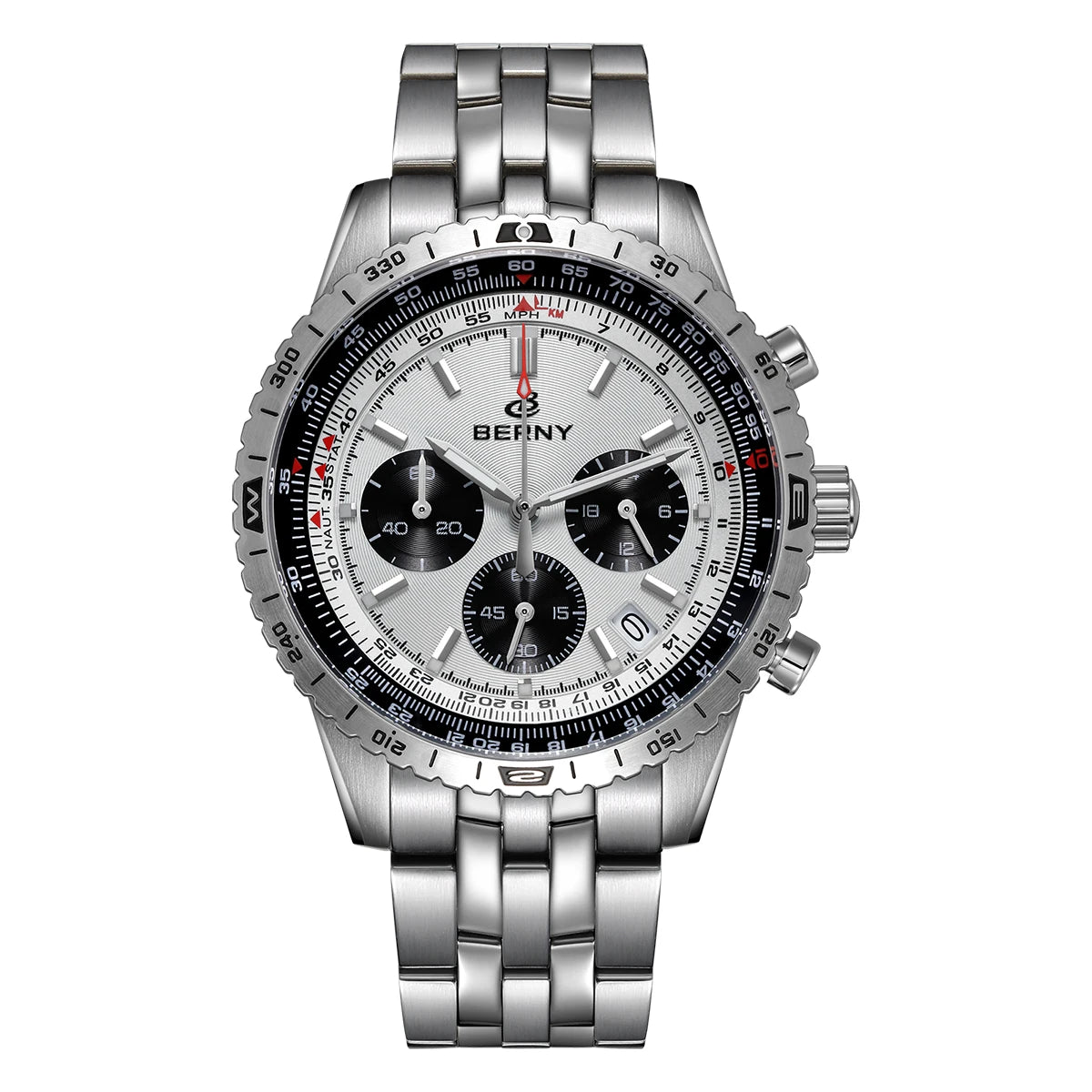 BERNY Aviation Men’s Watch – Quartz chronograph with date, sapphire crystal and ultra-luminous coating – Elegant luxury brand watch