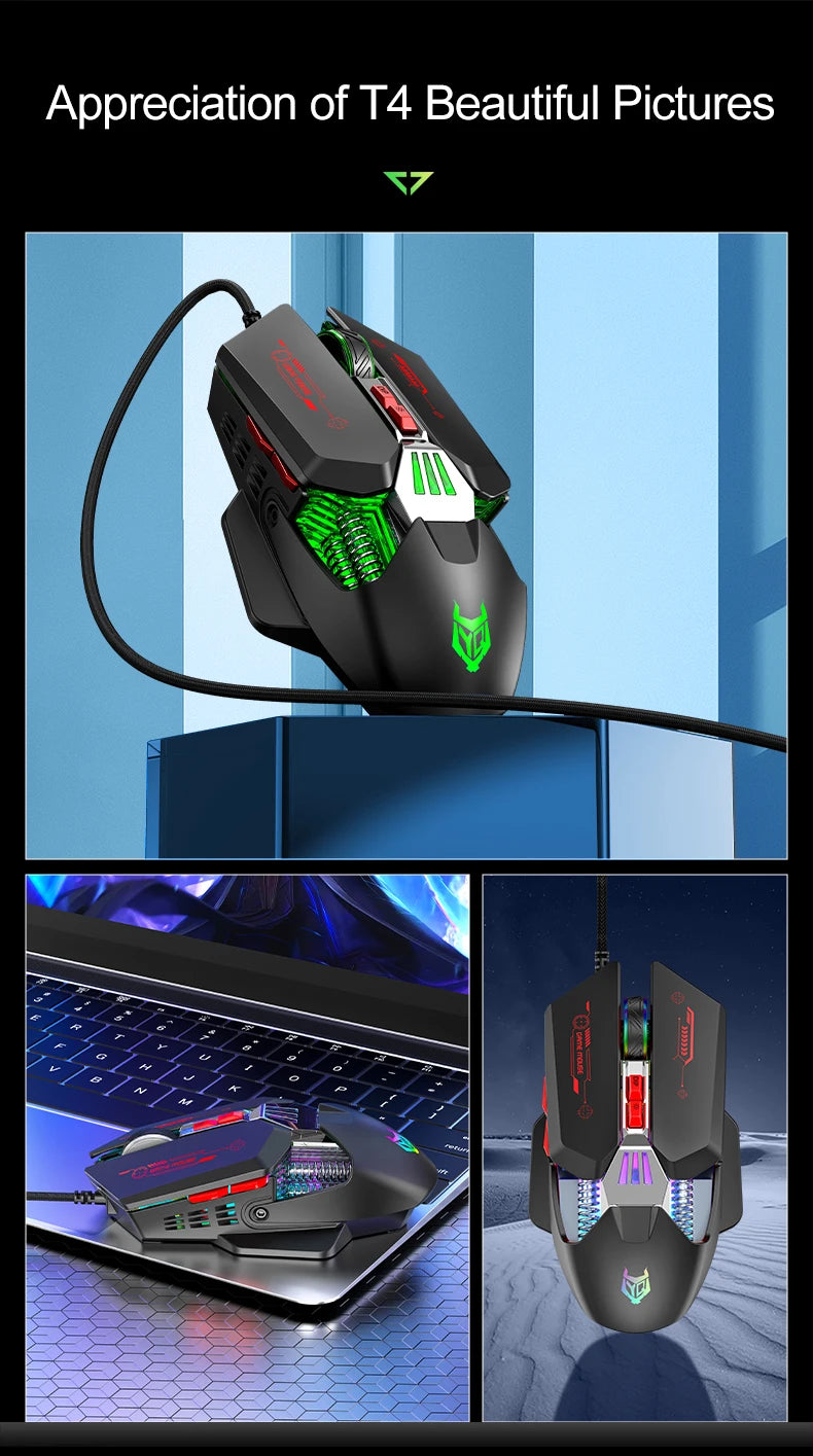 1K Hz Gaming Mouse Wired APAYADO T4 RGB Mouse with Ultra-light Cord 60IPS, 12800DPI for Laptop/Computer