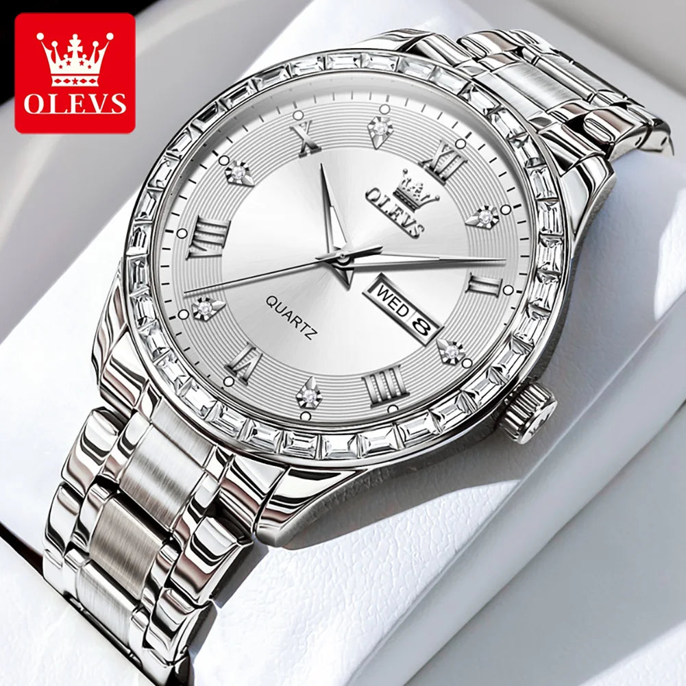 OLEVS 9906 men’s quartz watch, square model set with diamonds, stainless steel strap, water-resistant, with dual calendar; a luxury, original wristwatch, ideal for the workplace.