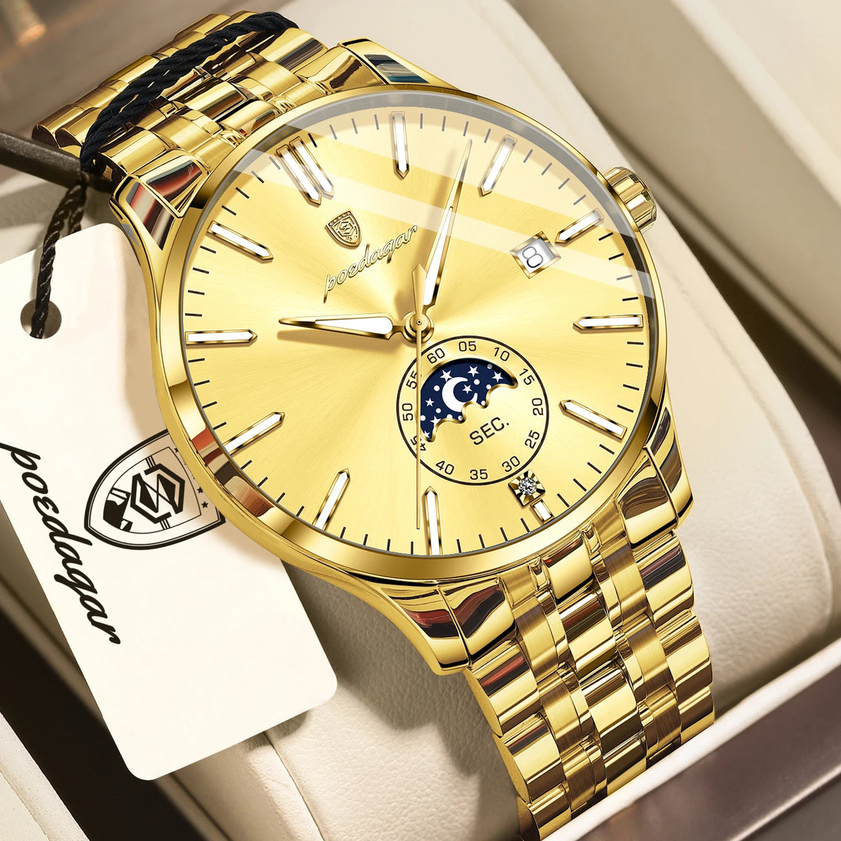 Reloj de lujo para hombre POEDAGAR, estilo informal, de acero inoxidable, de cuarzo, resistente al agua, luminiscente, con fecha, elegante.