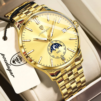 Reloj de lujo para hombre POEDAGAR, estilo informal, de acero inoxidable, de cuarzo, resistente al agua, luminiscente, con fecha, elegante.