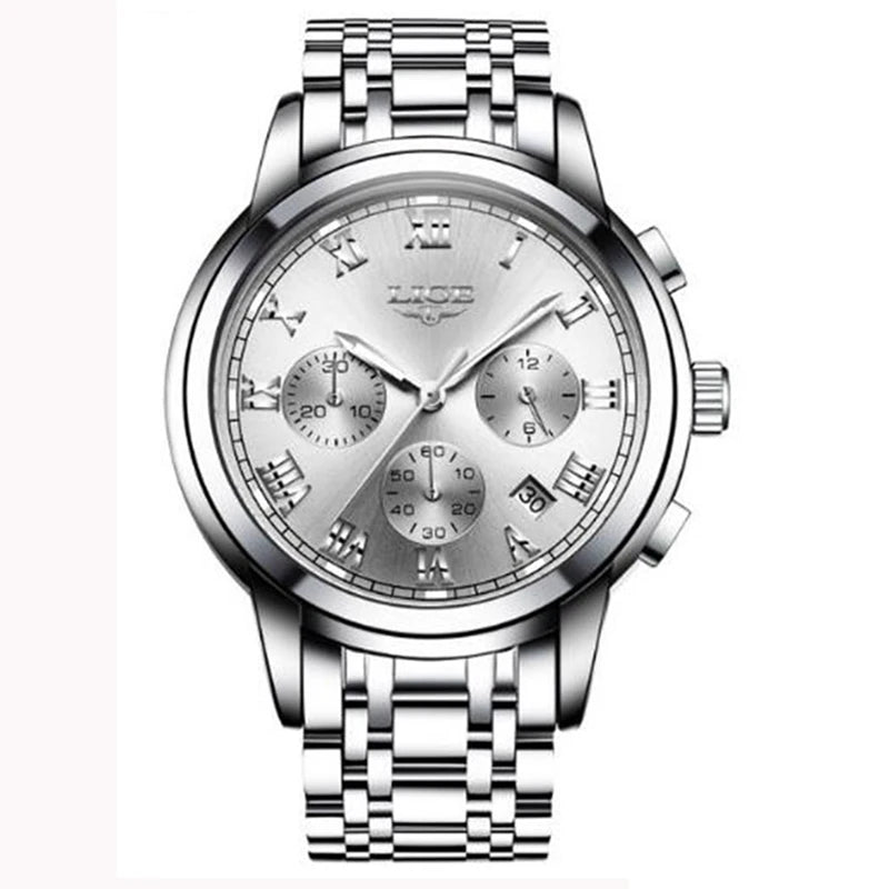 Pánské hodinky LIGE – luxusní chronograf, ležérní sportovní styl, vodotěsné, celokovové, quartzový strojek