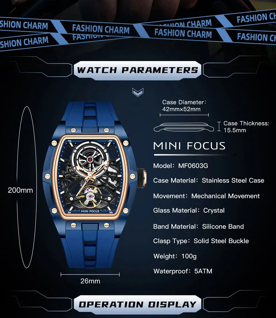 MINI FOCUS herrarmbandsur i moderiktig svart design, vattentät automatisk mekanisk klocka med självlysande visare, silikonarmband och tonneau-urtavla