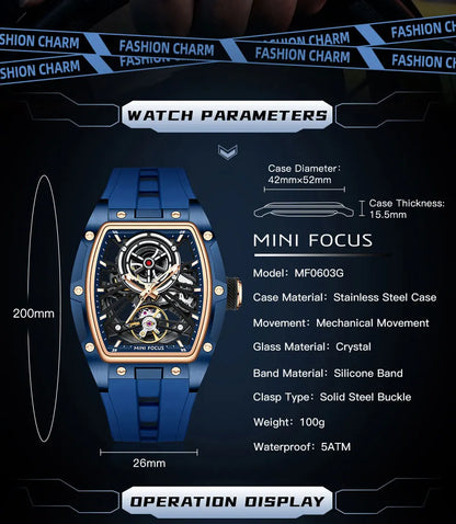 MINI FOCUS herrarmbandsur i moderiktig svart design, vattentät automatisk mekanisk klocka med självlysande visare, silikonarmband och tonneau-urtavla