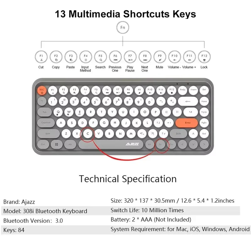 AJAZZ 308i  Wireless Bluetooth Keyboard 84 Keys Rechargeable Retro Round Typewriter Keycaps, Portable Mechanical K