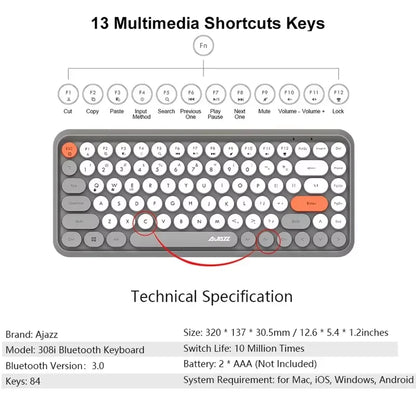 AJAZZ 308i  Wireless Bluetooth Keyboard 84 Keys Rechargeable Retro Round Typewriter Keycaps, Portable Mechanical K