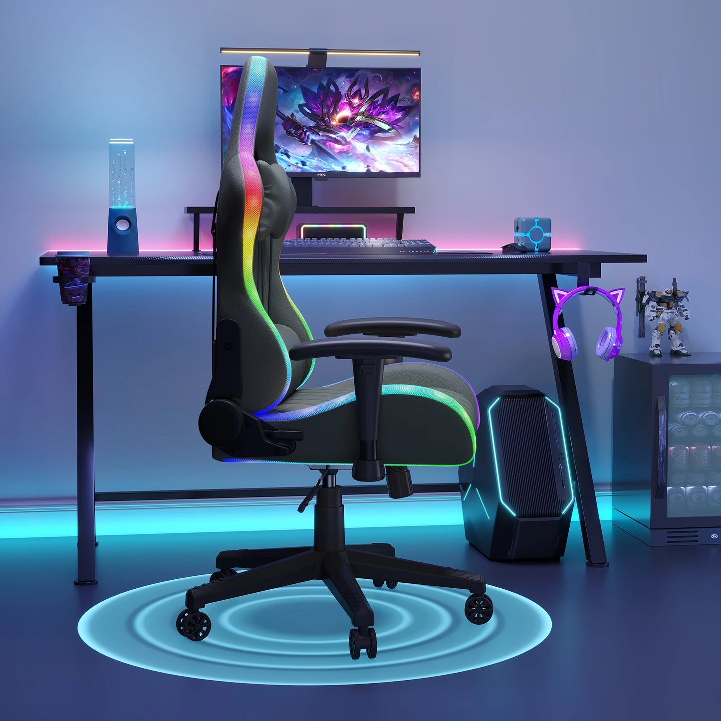 Ergonomic Office Chair with Lumbar Massage, LED RGB Ambient Lighting, and Reclining Backrest, for Home Offices