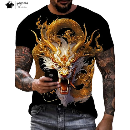Pánská trička s motivem draka, tričko s krátkým rukávem, módní streetwear, tričko s kulatým výstřihem, trendové zvířecí motivy, 3D tisk, volný střih, univerzální pánské oblečení