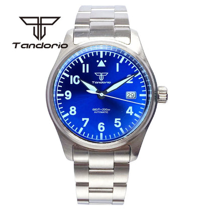 Tandorio 39 mm – męski zegarek automatyczny typu pilot nurkowy, mechanizm NH35/PT5000/Miyota8215, szafirowe szkło AR, wodoodporność 20 barów, świecące wskaźniki