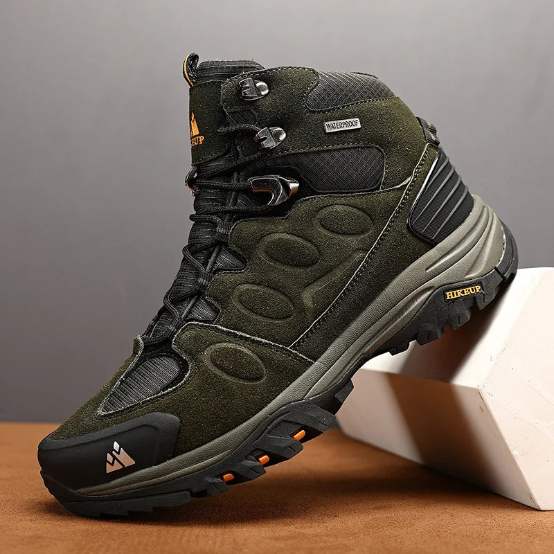 HIKEUP-Bottes de randonnée en daim pour hommes, chaussures de plein air à lacets, bottes de sport chaudes, chaussures de trekking décontractées, non ald, haut, hiver