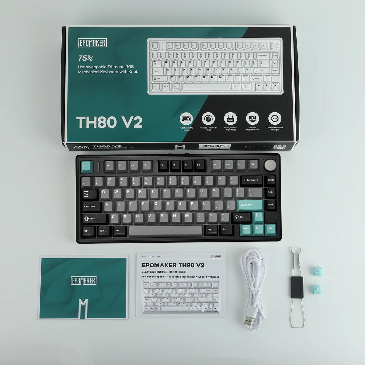 EPOMAKER TH80 V2 75% ANSI US Layout Gasket Tri-mode Wireless Mechanical Gaming Keyboard with 8000mAh Battey & RGB Backlight