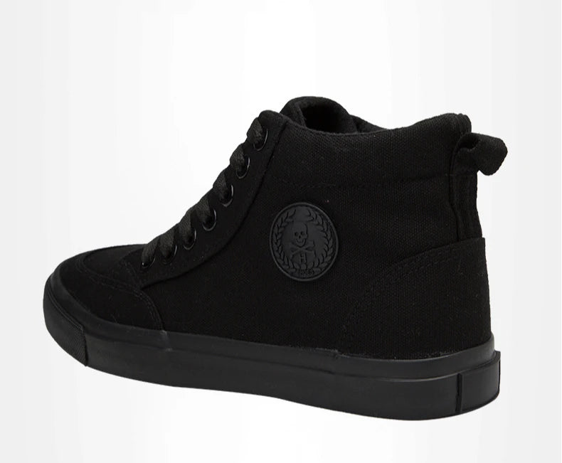Högskurna canvas-sneakers för män, slip-on, snörningsbara, avslappnade, helt svarta, enkla skateskor för studenter, med platt sula, bekväma sportskor