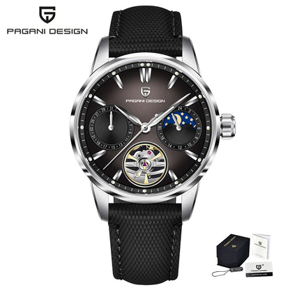 PAGANI DESIGN – Mekanisk luksusur til mænd, 41 mm, safirglas, læderrem, vandtæt, pilotstil, med tourbillon og månefase