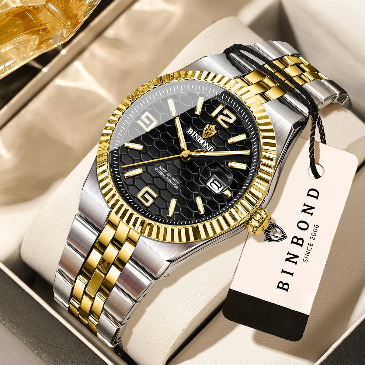 Montre-bracelet à quartz de luxe BINBOND, lumineuse, étanche, date automatique, pour homme, en acier, style business, sport, mode et décontracté.