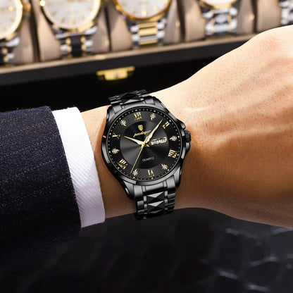 Reloj para hombre POEDAGAR, modelo de lujo original, resistente al agua, luminiscente, con indicador de fecha y día, estilo elegante, caja de acero inoxidable, mecanismo de cuarzo, ideal para el trabajo.