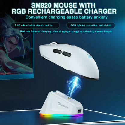 Mouse gaming wireless SOLAKAKA SM820 tri-mode, dock magnetic reîncărcabil, RGB, PAW3311, 24000DPI, macro, ultra-ușor