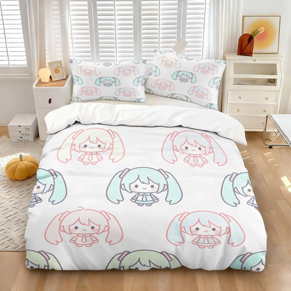Σετ κάλυμμα παπλώματος Hatsune Miku σε στυλ Chibi – Χαριτωμένα κλινοσκεπάσματα anime με μαξιλαροθήκες – Διακόσμηση υπνοδωματίου για εφήβους και παιδιά – Δώρο για τους θαυμαστές