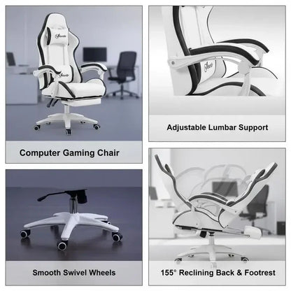 Leather Gaming Chair 135° Reclining with Retractable 360° Swivel Height Ergonomic White Contrast Edge Office Chair 120KG Capacity