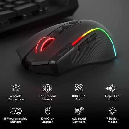 Redragon M612 PRO BT & 2.4 RGB Gaming Mouse, 8000 DPI Wired/Wireless Optical Gamer Mice, 11 Programmable Buttons & 6 Backlit Modes