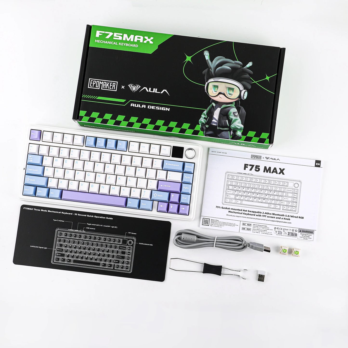 EPOMAKER X AULA F75 MAX Tastiera meccanica compatta 75% con layout ANSI, connessione cablata/Bluetooth/wireless 2.4GHz, schermo TFT e manopola