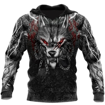 Oversized Tattoo Skeleton Cross Terror Red 3D Printed Men's Hoodie Sweatshirt Casual Tracksuits Raven Bad Wolf Animal Clothing
