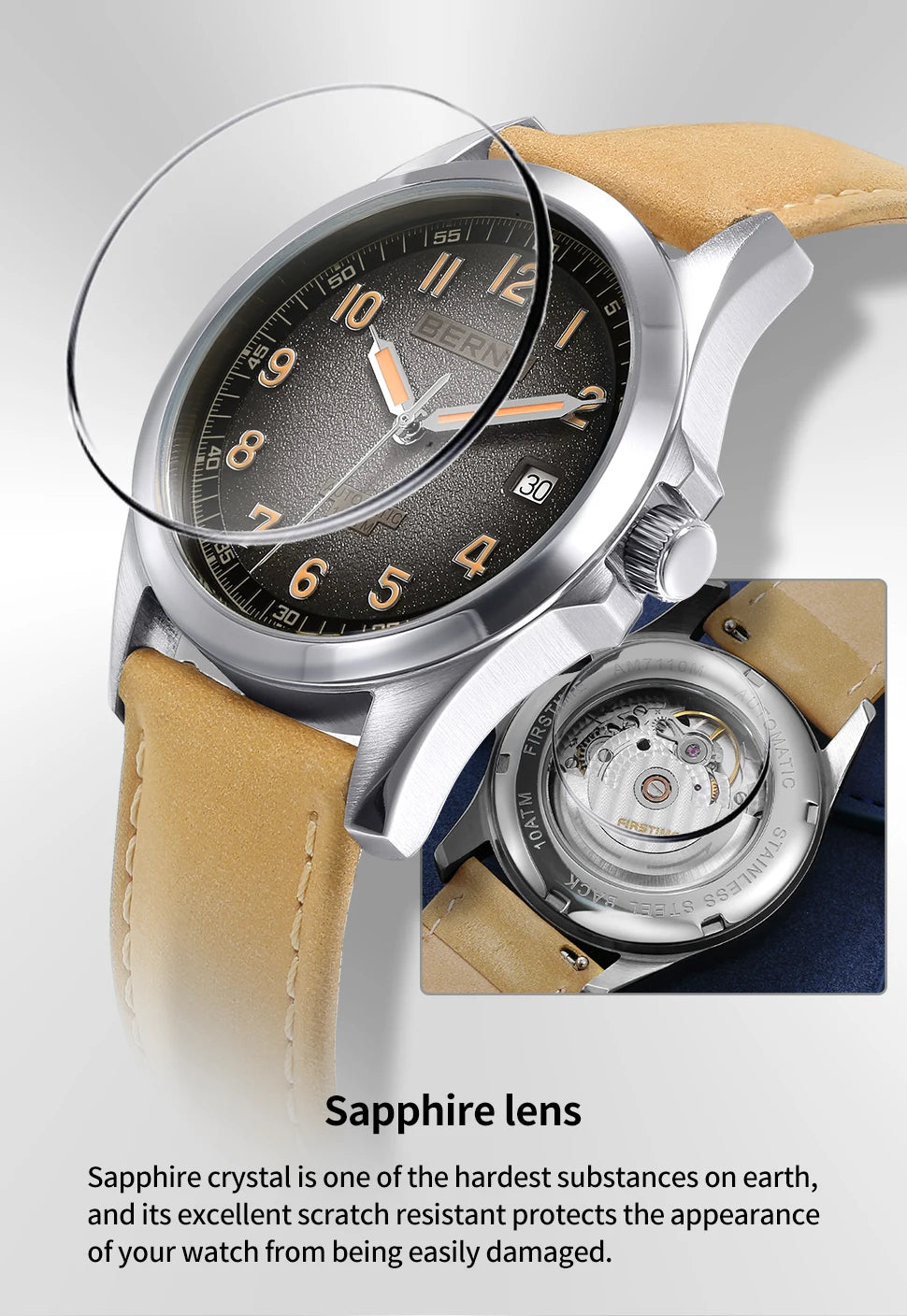 BERNY Automatic Watch Men  ST2130 Luminous Mechanical Wristwatch Sapphire Waterproof 10ATM Top Brand Luxury Watch for Men