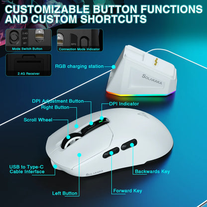 Mouse gaming wireless SOLAKAKA SM820 tri-mode, dock magnetic reîncărcabil, RGB, PAW3311, 24000DPI, macro, ultra-ușor