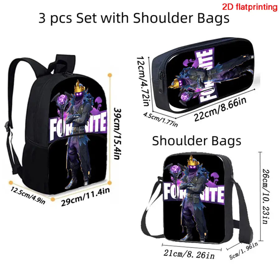 FORTNITE 3Pcs Lightweight Backpack With Front Pocket,Crossbody Bag&Pencil Case For Age 5-10 Boys Girls,Free 3D Printed Keychain