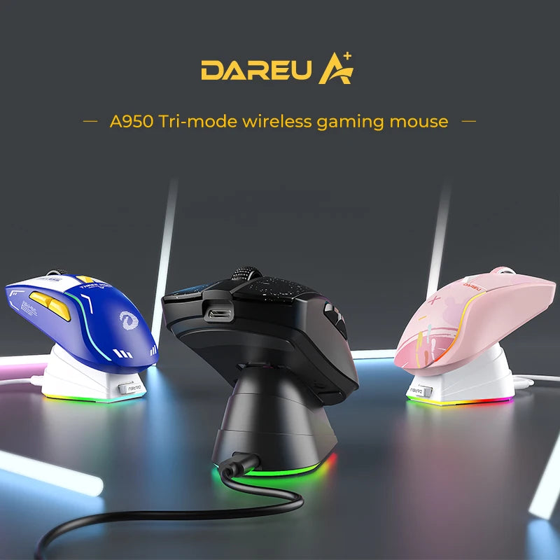 DAREU A950 Tri-Mode Wireless Gaming Mouse with Charging Dock, Bluetooth, 2.4G & Wired RGB Gaming Mouse, 12000 DPI Ergonomic Gaming Mouse for PC & Laptop