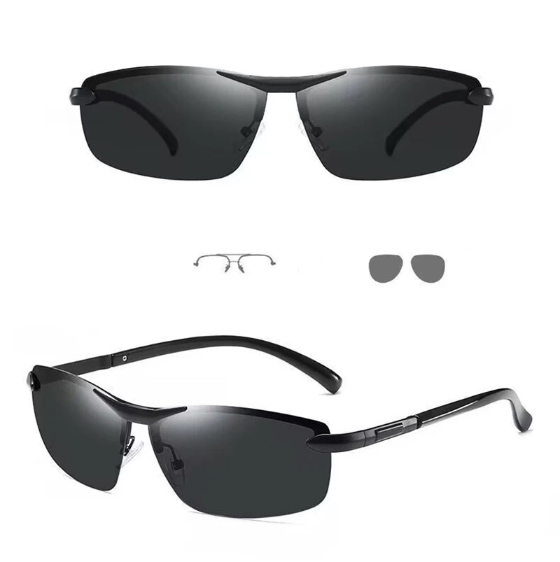 KLASSNUM Men Fashion Cycling Rimless Sunglasses Photochromic Polarized Shades Color Changing Fishing Car Driving Yellow Glasses