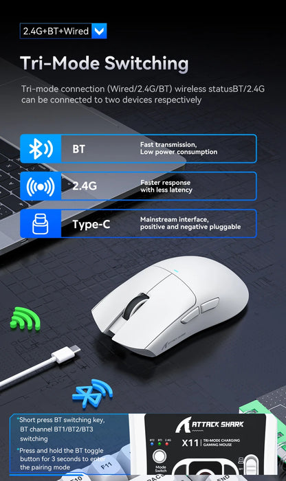ATTACK SHARK X11 lätt trådlös gamingmus med RGB-bakgrundsbelyst laddning, upp till 22K DPI, optisk PAW3311-sensor, HUYU-brytare