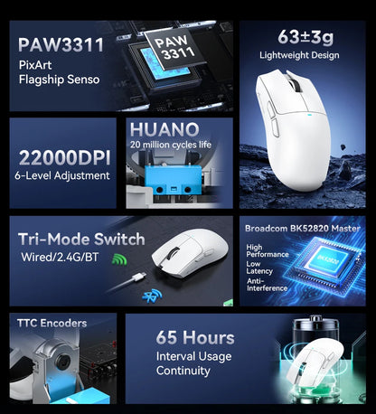 Rato Gaming Sem Fios ATTACK SHARK X11SE, Tri-Mode, Superleve de 63g com Sensor PAW3311, 22000 DPI, Bateria de 300mAh, Duplo Driver